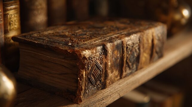 Exquisite Antique Leather Bound Book with Intricate Embossed Patterns Resting on a Wooden Shelf
