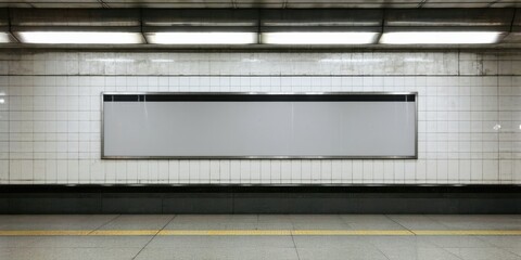 Fototapeta premium Subway station interior. Blank billboard dominates wall. Yellow floor tiles contrast dark surroundings. Minimalist, stark aesthetic.