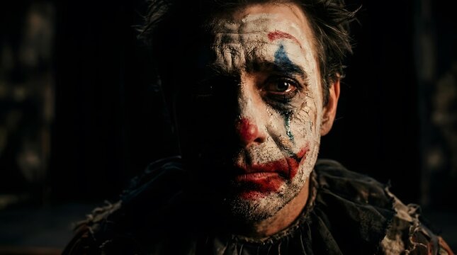 Close up portrait of a sad clown with dramatic makeup looking at the camera.