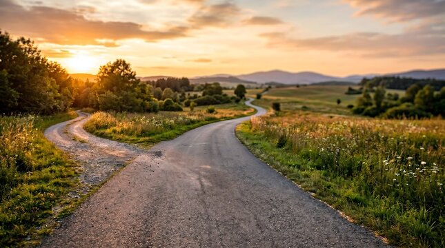 Forked country road at sunset symbolizing life decisions business direction and strategic career choice with long perspective copy space