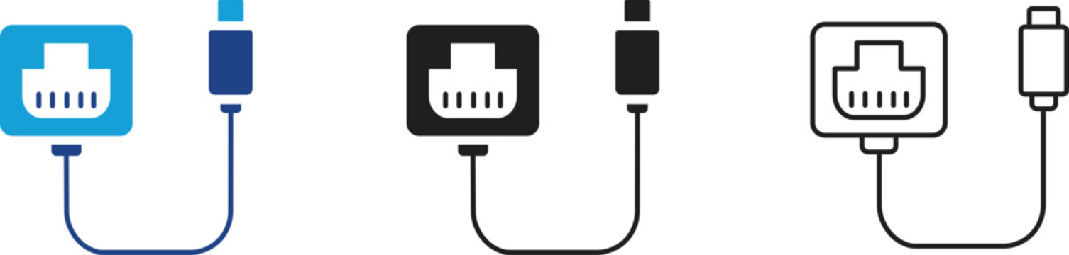 Ethernet Network Socket and Plug Icon Set in Flat Blue Black and Line Art Styles