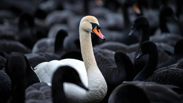 One white swan among many black swans showing contrast and uniqueness in a dark moody setting