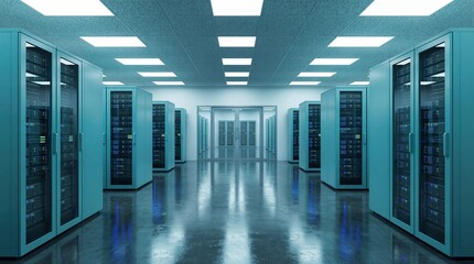 Long dark server room corridor with rows of computer racks data center