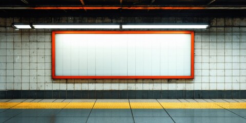 Fototapeta premium Subway station interior features blank billboard. Tiled walls, platform edge visible. Dim lighting creates dramatic effect.
