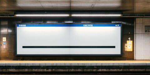 Fototapeta premium Subway station interior. Blank billboard dominates view. Dim lighting creates stark contrast, platform visible. Minimalist aesthetic.