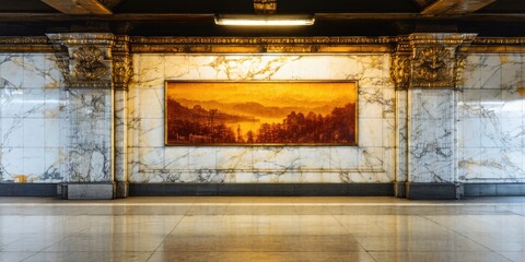 Fototapeta premium Subway station interior features ornate marble walls, painting, reflective floor. Dramatic lighting creates strong contrast, emphasizing artwork.