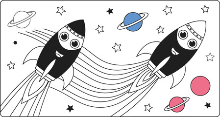 Cute Cartoon Space Adventure Vector Illustration Featuring Smiling Rocket Ships Soaring Through Stars and Colorful Planets for Childrens Education and Creative Backgrounds © MdSohanurRahman