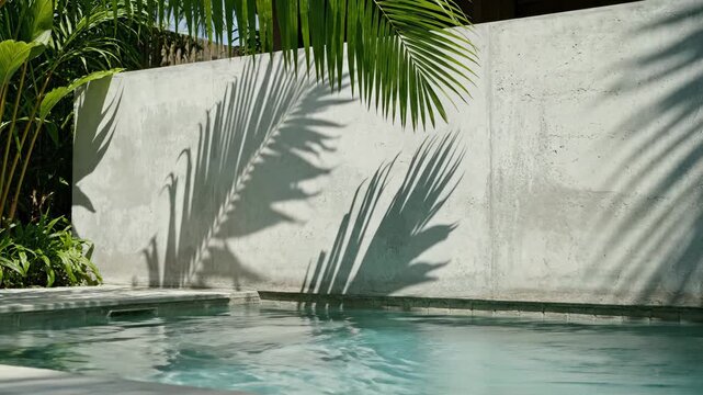 Shadow of a palm leaf on a concrete wall above a rippling swimming pool in sunlight