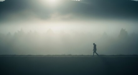 Fototapeta premium Lone figure walking through foggy atmosphere at dawn