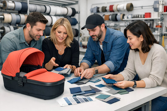 Team of four product designers discussing fabric swatches next to a red baby stroller bassinet in a bright textile studio