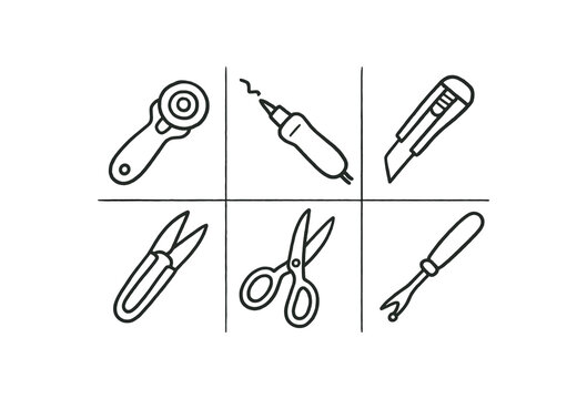 Black outline icons arranged in a 3x2 grid showing a rotary cutter, soldering iron style tool, utility knife, nipper snips, scissors, and seam ripper for sewing and craft use.