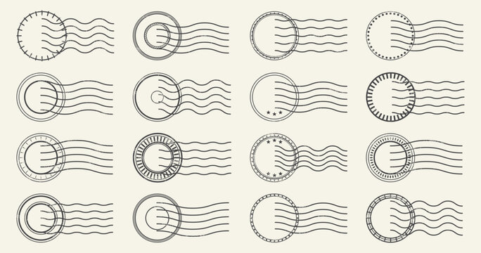 Vintage postal stamp marks set. Circular seals with wavy cancellation lines in retro ink style. Old mail postmark vector elements