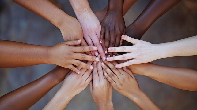 Diverse multiracial hands gathering together on dark gray matte background, unity, inclusion and racial equality concept for community support campaign