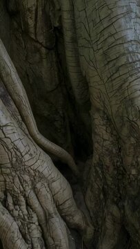 Vertical video: As shot starts, camera panning over tree trunk with roots, showing crevice, fern