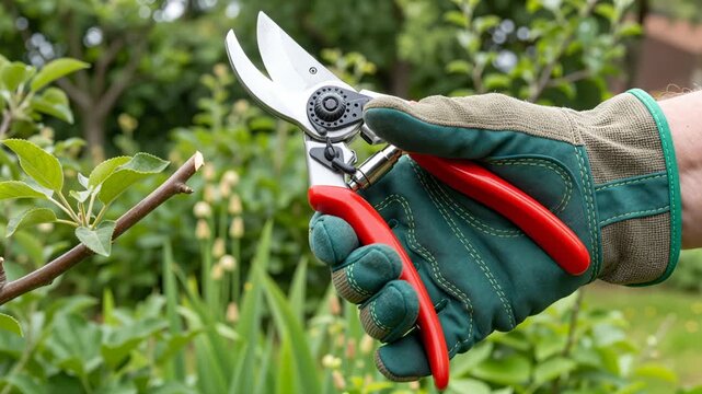 close up of gloved hand using pruning shears to trim leafy tree branch in lush garden