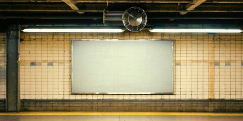 Fototapeta premium Subway station interior features blank billboard. Tiled walls, dim lighting, yellow platform edge visible. Minimalist composition.
