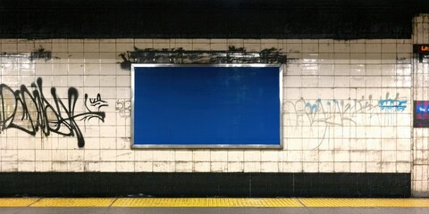 Obraz premium Subway station wall features tiled surface, graffiti, blank blue poster. Platform edge visible below, dark ambiance overall.