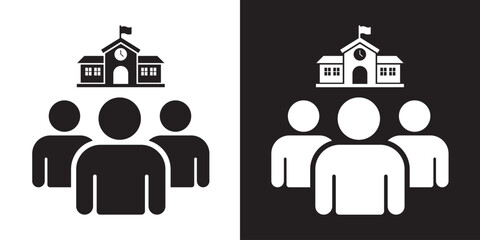 Group of people icon featuring a school icon. Black and white minimalist concept representing leadership, VIP team, favorites, or winners. © bibin