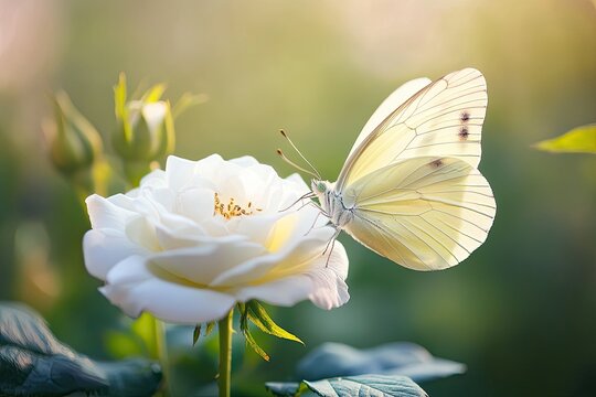 Cabbage white butterfly resting on blooming white rose flower in warm sunlit garden with soft blurred bokeh natural background macro shot