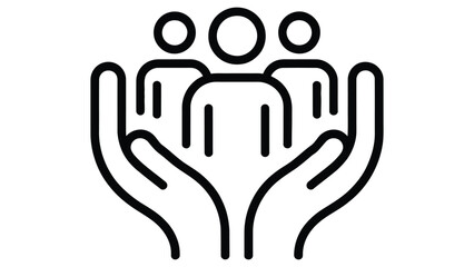 Obraz premium community support line icon with people in caring hands representing teamwork, social care, protection, group assistance and nonprofit concept