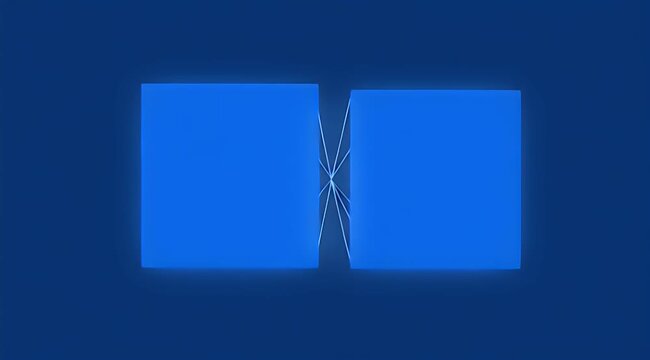 Two glowing blue squares connect with thin white lines on a dark blue background