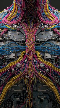 Vertical video: Appearing blue orb moving down braided spine of robotic torso, lighting circuitry