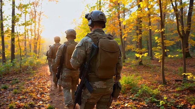 Soldiers marching in autumn forest