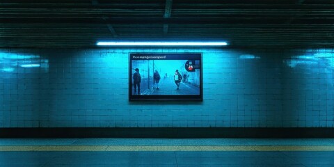 Fototapeta premium Subway station interior. Blue tiled walls, illuminated screen displays people. Dark flooring, minimal lighting creates dramatic effect.
