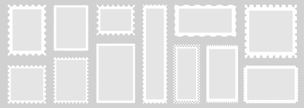 Postage stamp frames collection. Vintage perforated borders in various rectangular and square shapes. Clean simple stamp outline vector elements