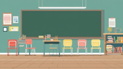 Classroom Interior With Desks And Chairs