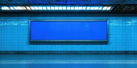 Fototapeta premium Subway station interior. Blue tiled walls, blank billboard, dim lighting creates stark contrast. Minimalist aesthetic, clean lines dominate space.