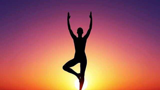 Serene silhouette of a woman practicing yoga tree pose at sunset, embodying balance, mindfulness, and well-being in a peaceful outdoor setting