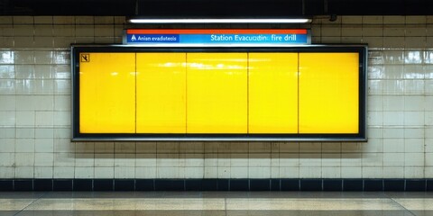 Fototapeta premium Subway station interior shows blank yellow advertisement space. Tile walls, dim lighting create stark contrast, minimal aesthetic.