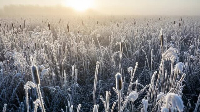 Frozen cattails covered in thick hoarfrost during misty winter sunrise in a rural wetland marsh