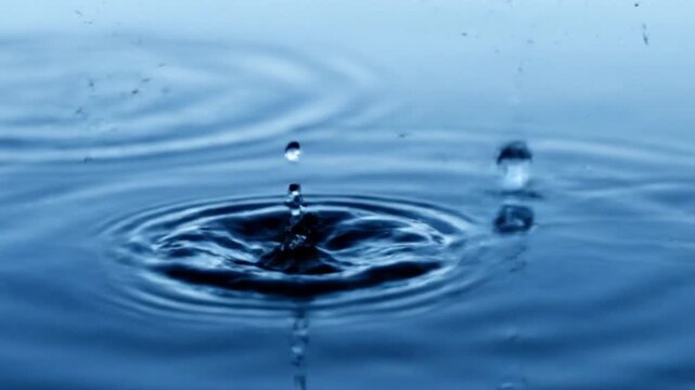 A close-up shot of water drops falling into a calm blue liquid surface, creating ripples and splashes.