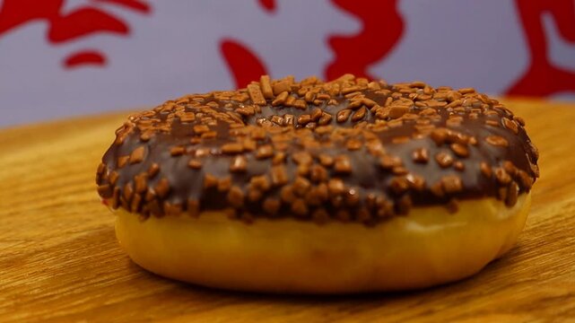 A tempting chocolate donut topped with crunchy sprinkles is presented on a wooden board. The soft-focus patterned background adds visual interest to this delicious snack.
