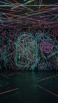 Vertical video: Looping neon projection animating ceiling lines in gallery, with rounded rect motif