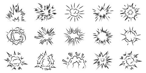 Comic explosion burst collection in black outline style. Includes various starburst blasts, impact flashes and smoke effects for action scenes © stas111