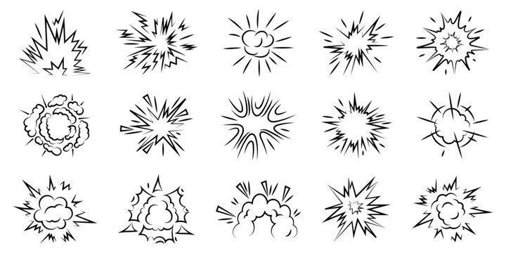 Comic explosion burst collection in black outline style. Includes various starburst blasts, impact flashes and smoke effects for action scenes