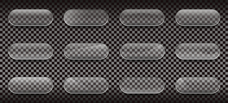 Transparent glass button collection with rounded shapes. Glossy UI interface elements isolated on transparent background