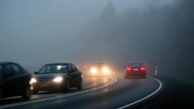 A car's red taillights shine bright on a foggy road with oncoming headlights
