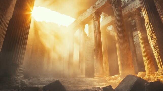 Sunlight: Stone Columns of Ancient Temple Ruins, Classical Architecture, Heritage, History