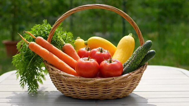 Fresh vegetables in woven basket on table against blurred green background