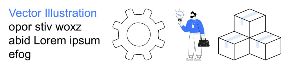 Industry, creativity, logistics, technology, business strategy, efficiency. Gear, person with light bulb and stacked boxes. Industry and creativity concepts for innovation and development © robu_s