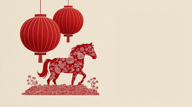 Red Papercut Horse & Red Lanterns for Chinese New Year Spring Festival, Year of Horse Traditional Oriental Art Decoration