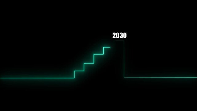 Futuristic glowing cyan neon staircase graph showing business growth and financial progress reaching the year 2030 on black background
