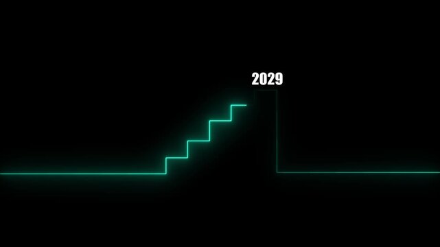 Futuristic glowing cyan neon staircase graph showing business growth and financial progress reaching the year 2029 on black background

