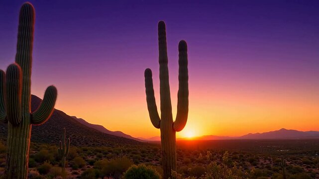 Desert cacti at sunset