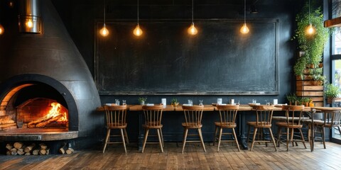 Naklejka premium Rustic restaurant interior. Dark walls, wooden table, chairs. Fireplace glows warmly. Plants add life, creating cozy atmosphere.