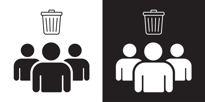 Group of people icon featuring a delete icon. Black and white minimalist concept representing leadership, VIP team, favorites, or winners.